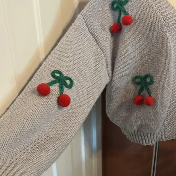 Anthropologie Luna Ivy 3D cherry oversized open front light blue S cardigan - Picture 4 of 10